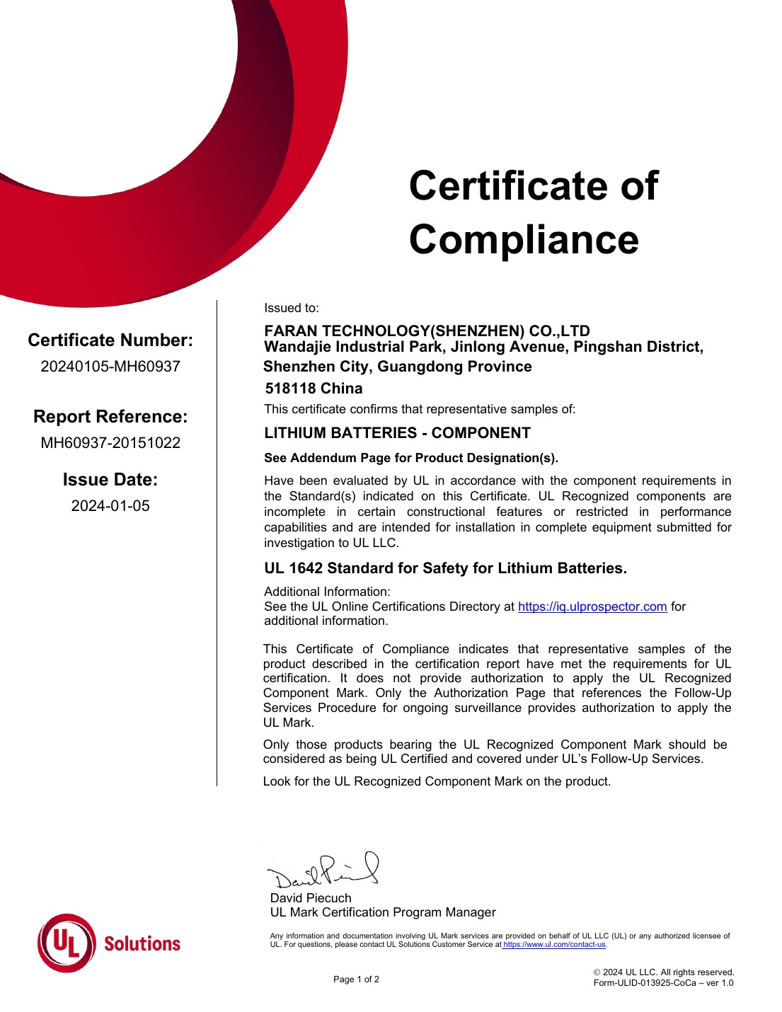 UL 1642 certificate first page